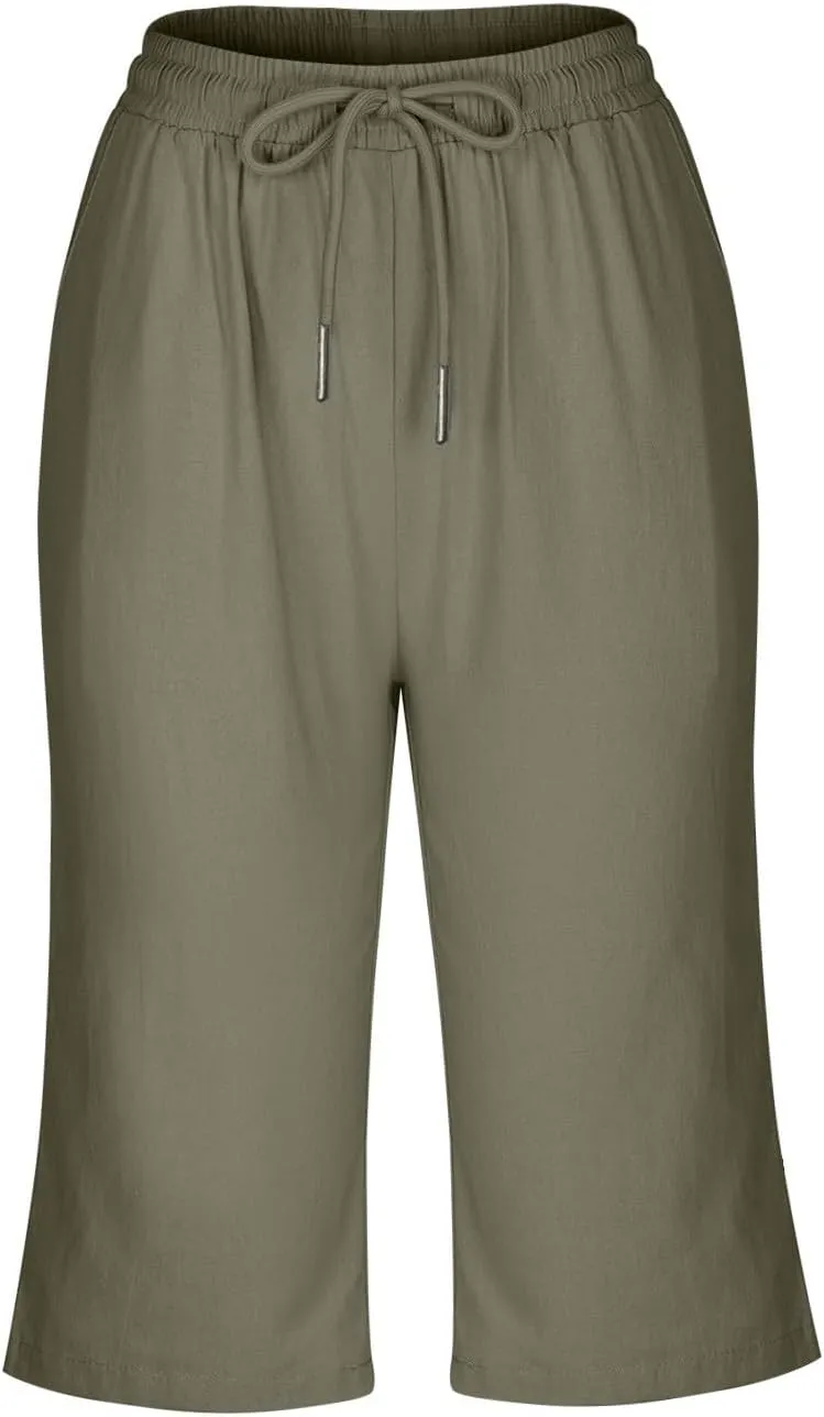 Women Linen Shorts Summer Knee Length Shorts High Waisted Bermuda Shorts Beach Capris Sweat Lounge Shorts with Pocket