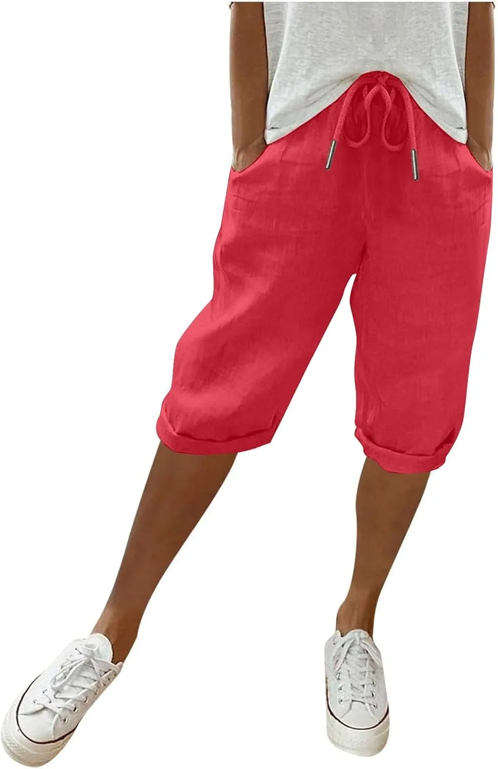 Women Linen Shorts Summer Knee Length Shorts High Waisted Bermuda Shorts Beach Capris Sweat Lounge Shorts with Pocket