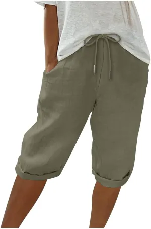 Women Linen Shorts Summer Knee Length Shorts High Waisted Bermuda Shorts Beach Capris Sweat Lounge Shorts with Pocket