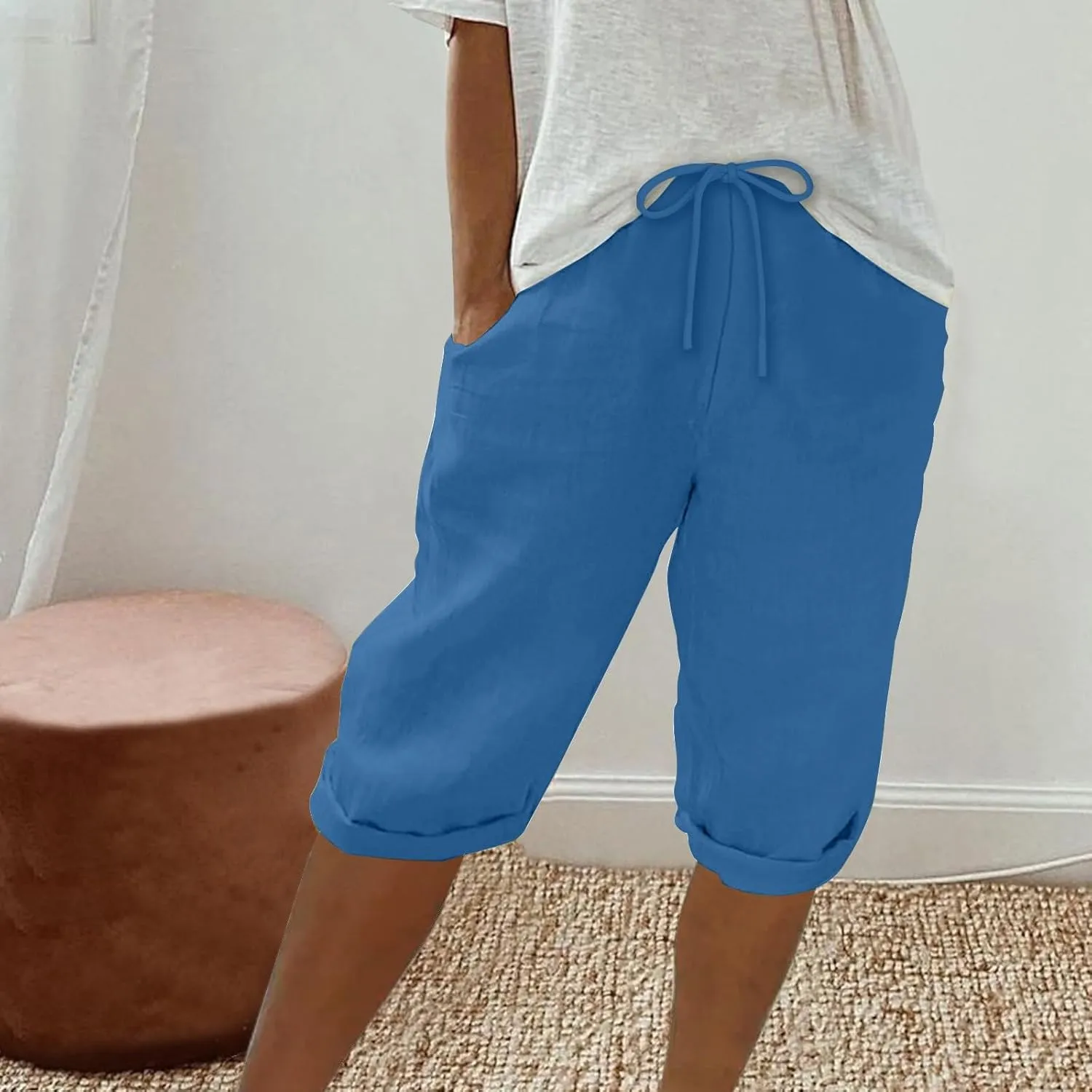 Women Linen Shorts Summer Knee Length Shorts High Waisted Bermuda Shorts Beach Capris Sweat Lounge Shorts with Pocket