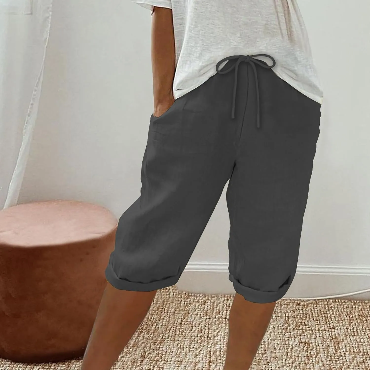 Women Linen Shorts Summer Knee Length Shorts High Waisted Bermuda Shorts Beach Capris Sweat Lounge Shorts with Pocket