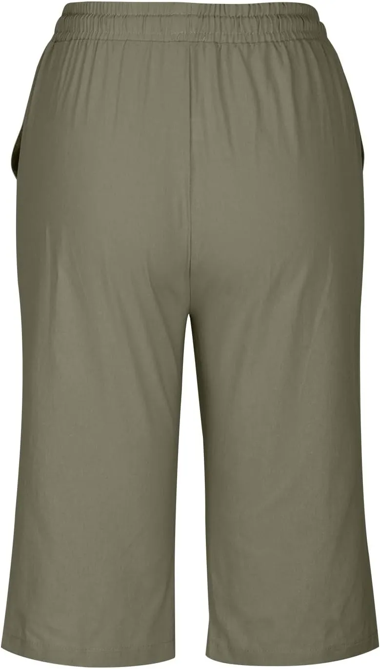 Women Linen Shorts Summer Knee Length Shorts High Waisted Bermuda Shorts Beach Capris Sweat Lounge Shorts with Pocket