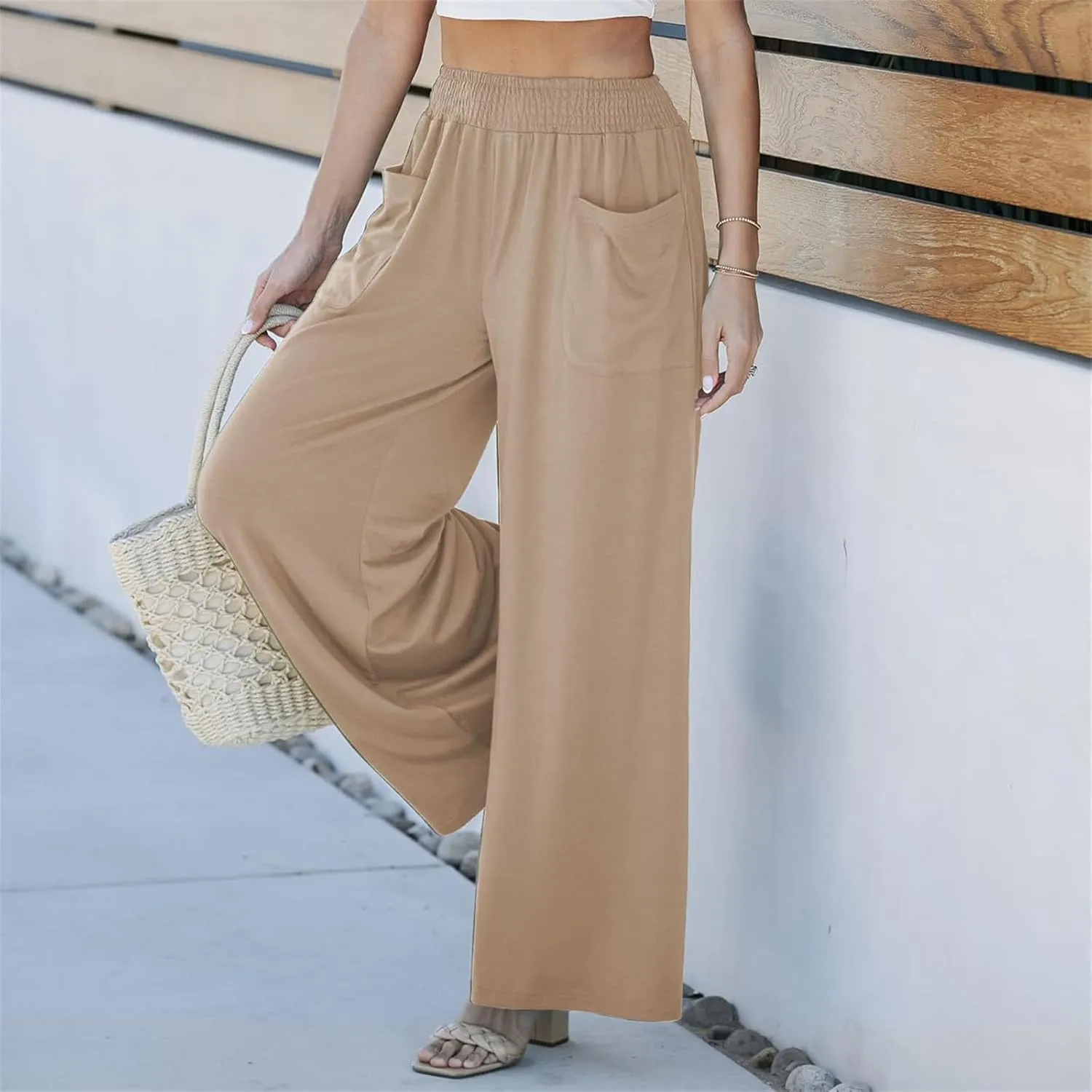 Women Linen Wide Leg Pants Casual High Waist Palazzo Pants with Side Pockets Flowy Beach Trousers for Summer