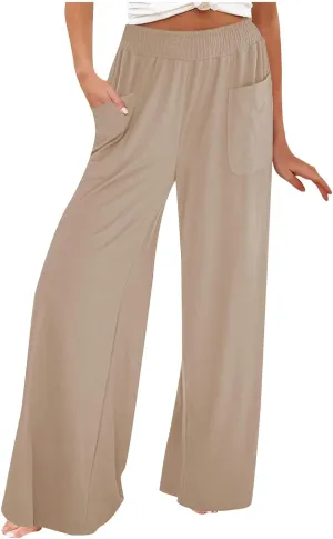 Women Linen Wide Leg Pants Casual High Waist Palazzo Pants with Side Pockets Flowy Beach Trousers for Summer