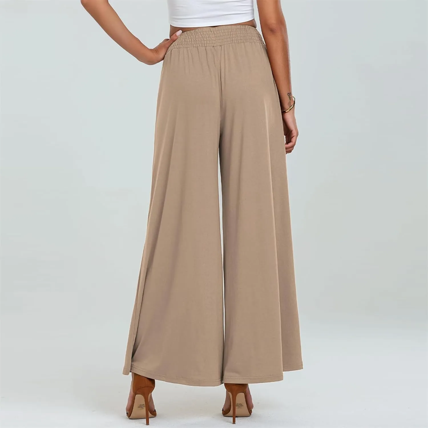 Women Linen Wide Leg Pants Casual High Waist Palazzo Pants with Side Pockets Flowy Beach Trousers for Summer