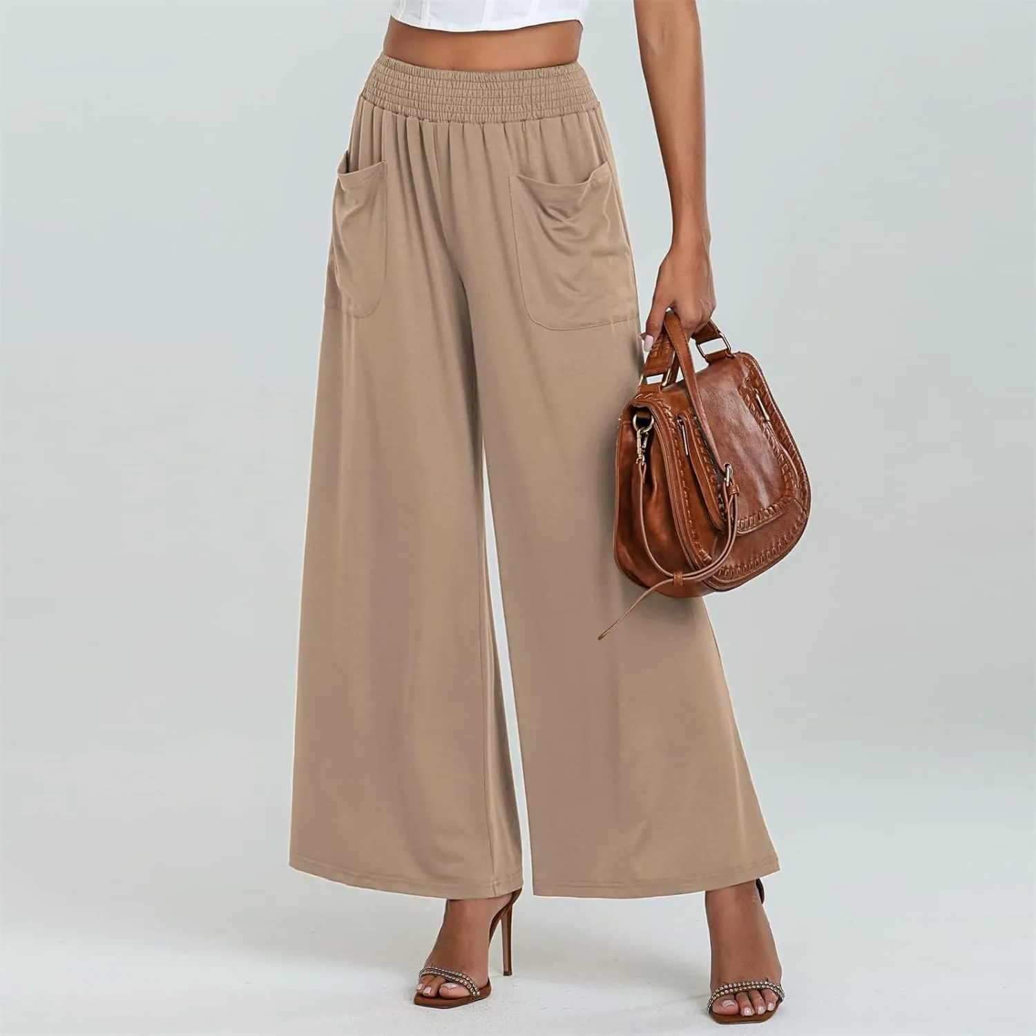 Women Linen Wide Leg Pants Casual High Waist Palazzo Pants with Side Pockets Flowy Beach Trousers for Summer