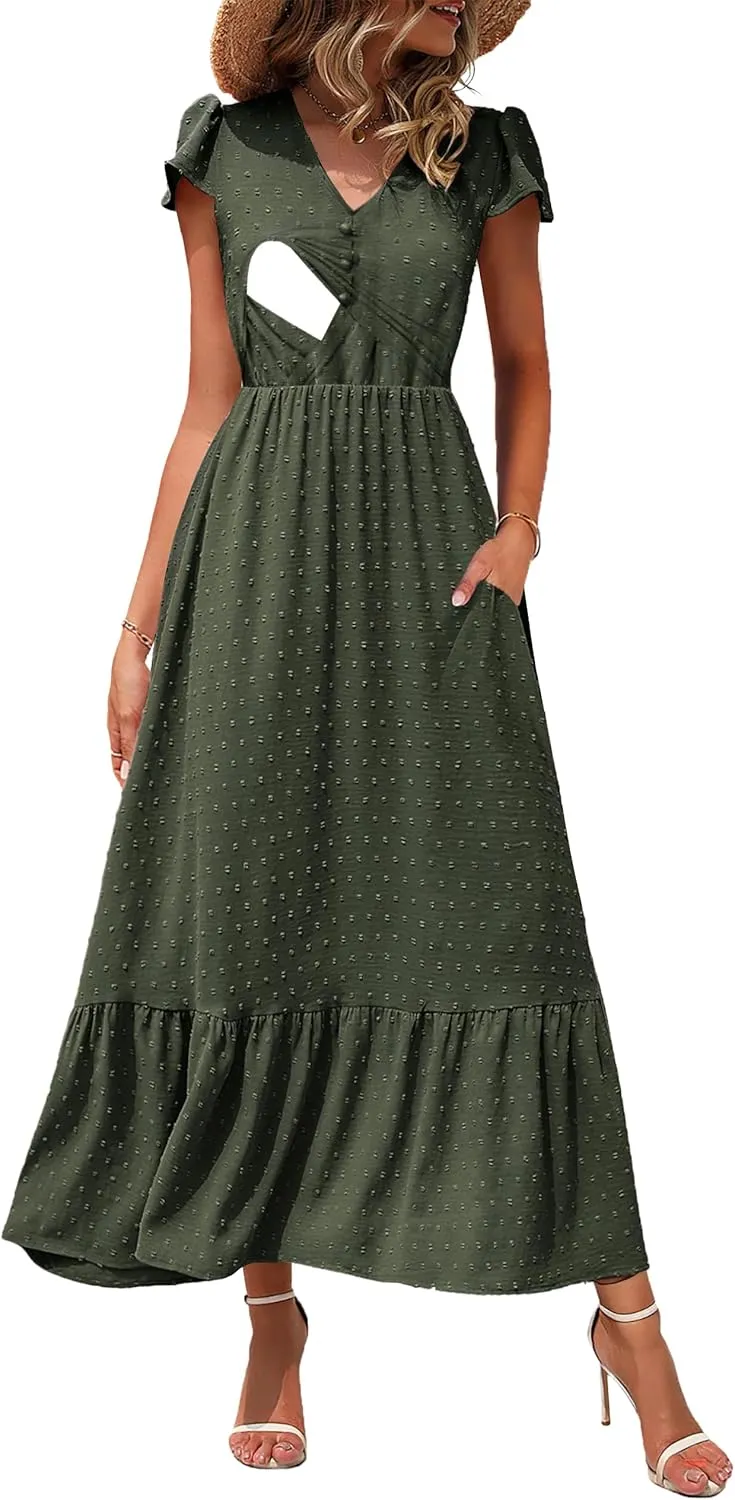 Women Nursing Boho Maxi Dresses Cap Short Sleeve V Neck Swiss Dot High Waisted A-Line Ruffle Tiered with Pockets