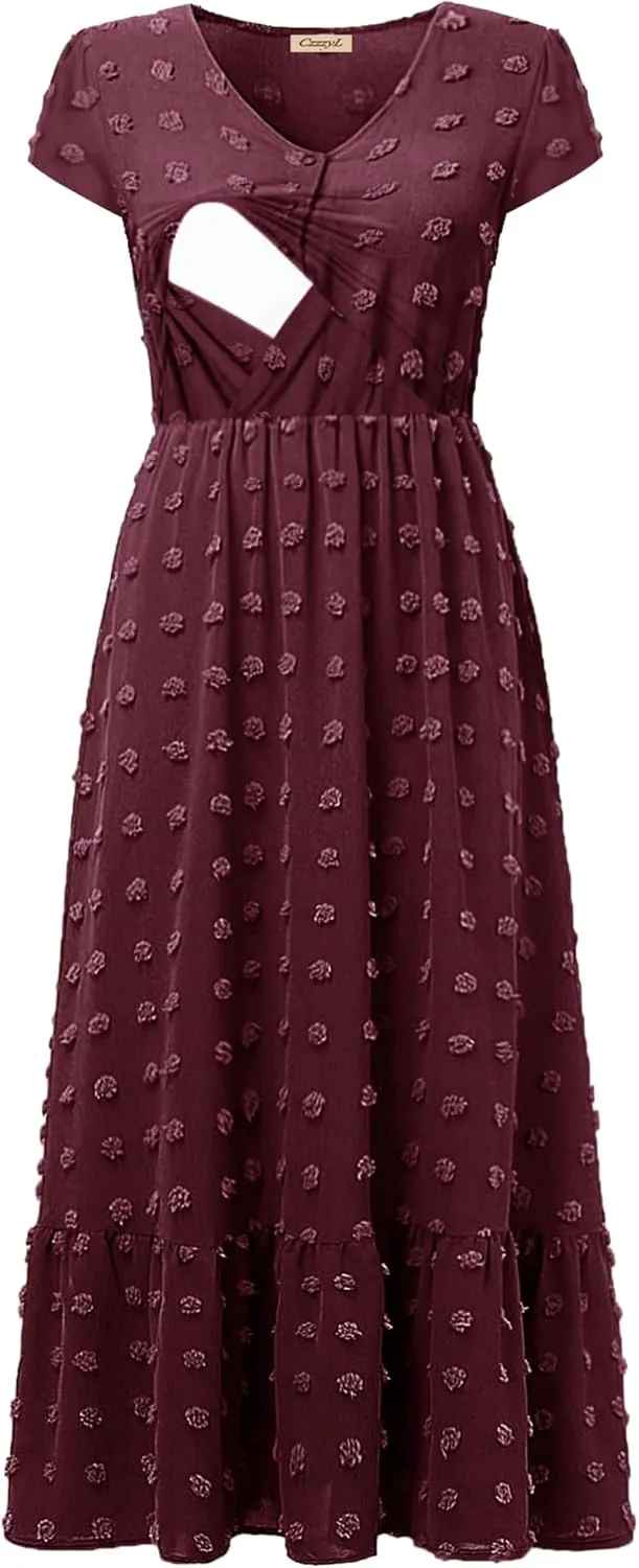 Women Nursing Boho Maxi Dresses Cap Short Sleeve V Neck Swiss Dot High Waisted A-Line Ruffle Tiered with Pockets