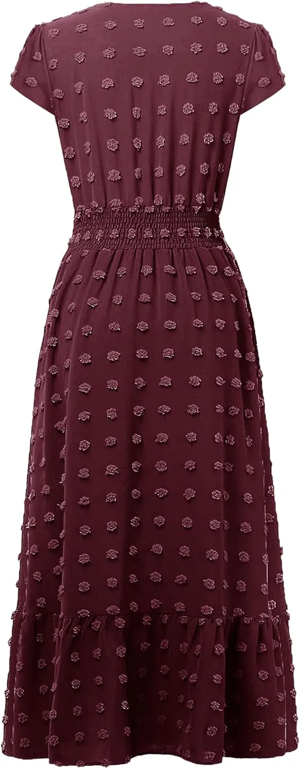 Women Nursing Boho Maxi Dresses Cap Short Sleeve V Neck Swiss Dot High Waisted A-Line Ruffle Tiered with Pockets