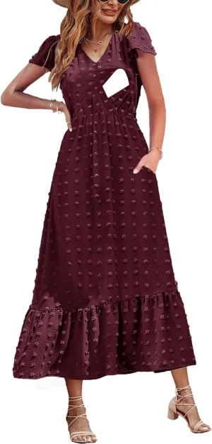 Women Nursing Boho Maxi Dresses Cap Short Sleeve V Neck Swiss Dot High Waisted A-Line Ruffle Tiered with Pockets