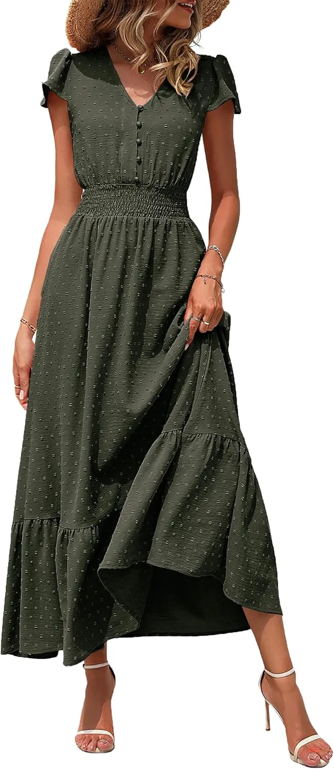 Women Nursing Boho Maxi Dresses Cap Short Sleeve V Neck Swiss Dot High Waisted A-Line Ruffle Tiered with Pockets