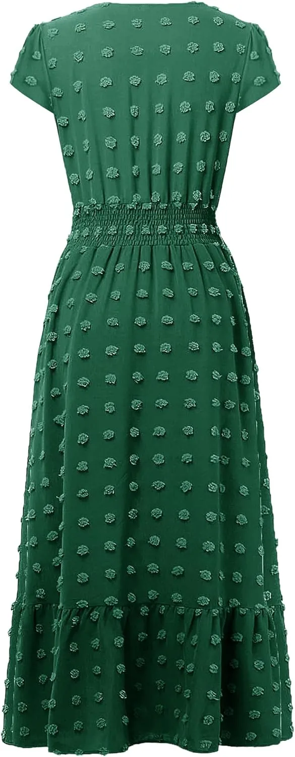 Women Nursing Boho Maxi Dresses Cap Short Sleeve V Neck Swiss Dot High Waisted A-Line Ruffle Tiered with Pockets