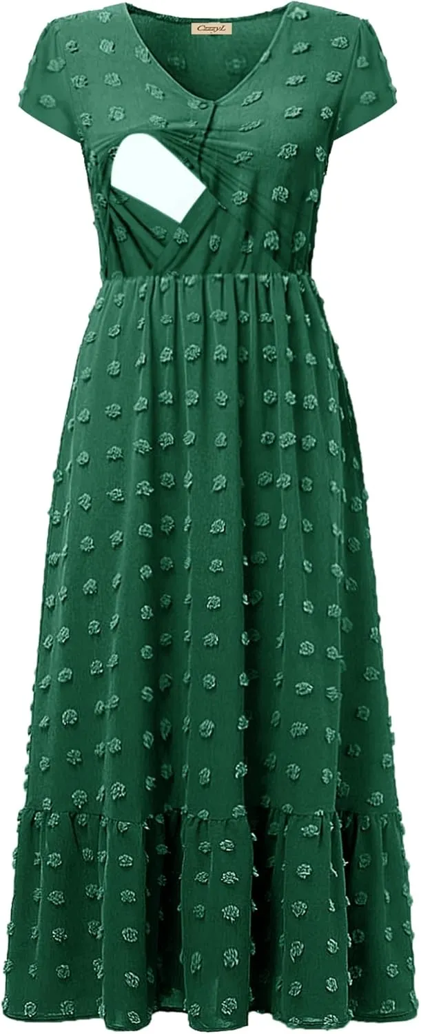 Women Nursing Boho Maxi Dresses Cap Short Sleeve V Neck Swiss Dot High Waisted A-Line Ruffle Tiered with Pockets