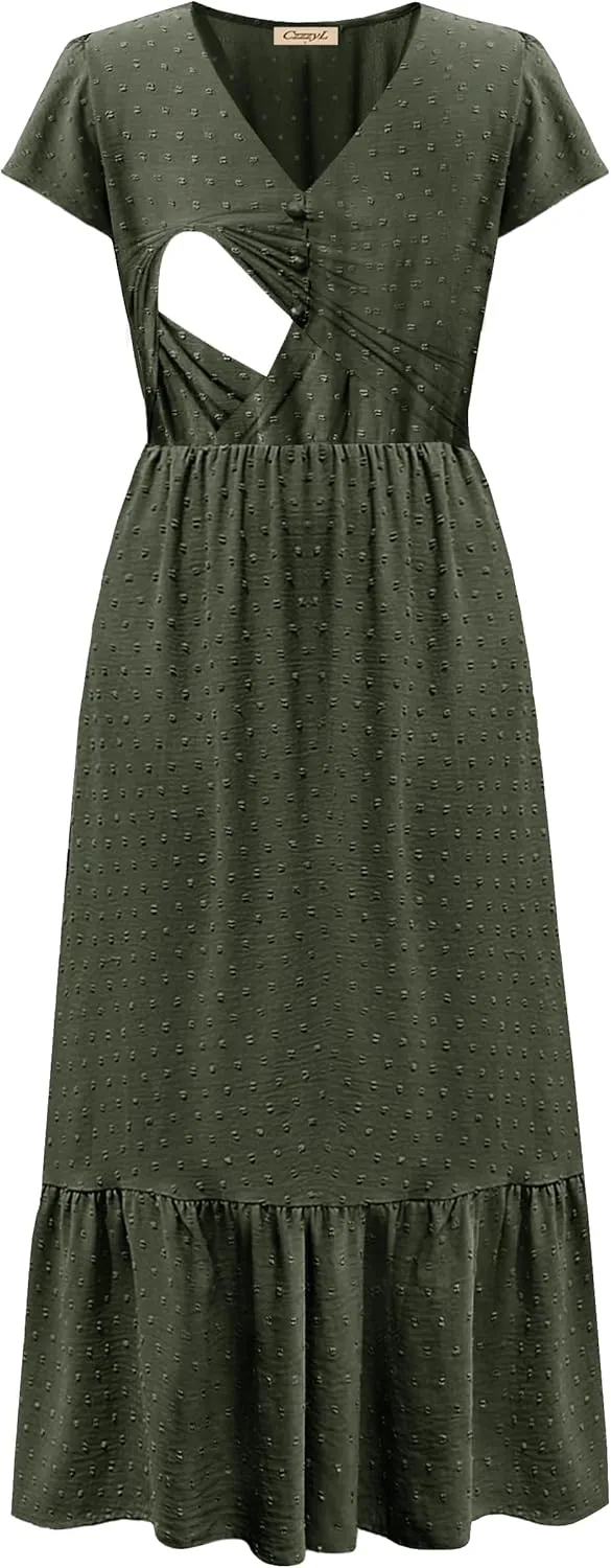Women Nursing Boho Maxi Dresses Cap Short Sleeve V Neck Swiss Dot High Waisted A-Line Ruffle Tiered with Pockets