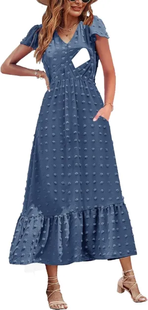 Women Nursing Boho Maxi Dresses Cap Short Sleeve V Neck Swiss Dot High Waisted A-Line Ruffle Tiered with Pockets