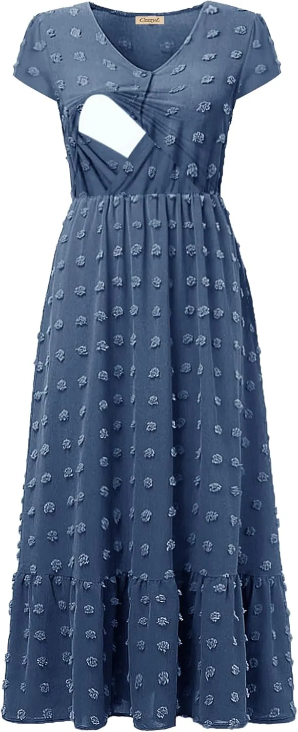 Women Nursing Boho Maxi Dresses Cap Short Sleeve V Neck Swiss Dot High Waisted A-Line Ruffle Tiered with Pockets