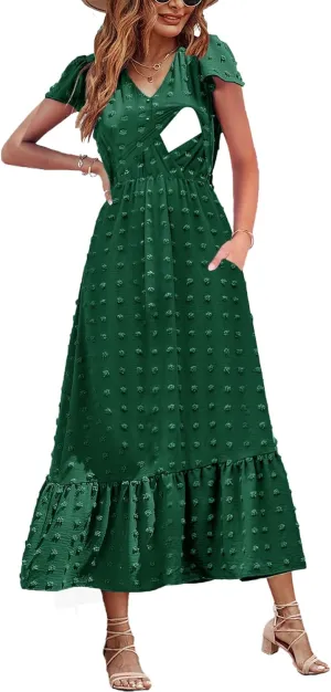 Women Nursing Boho Maxi Dresses Cap Short Sleeve V Neck Swiss Dot High Waisted A-Line Ruffle Tiered with Pockets