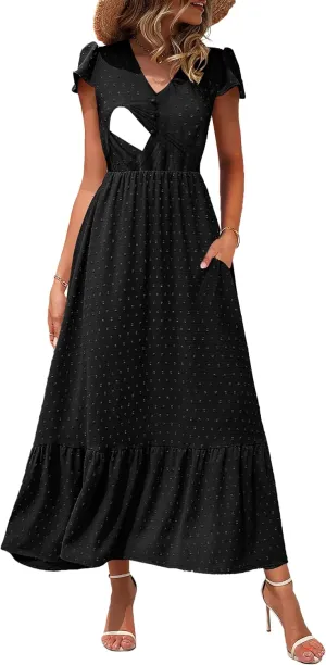Women Nursing Boho Maxi Dresses Cap Short Sleeve V Neck Swiss Dot High Waisted A-Line Ruffle Tiered with Pockets