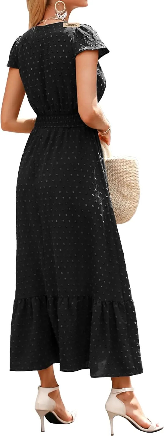 Women Nursing Boho Maxi Dresses Cap Short Sleeve V Neck Swiss Dot High Waisted A-Line Ruffle Tiered with Pockets