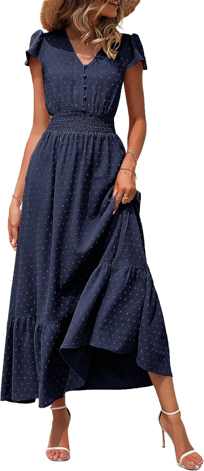 Women Nursing Boho Maxi Dresses Cap Short Sleeve V Neck Swiss Dot High Waisted A-Line Ruffle Tiered with Pockets