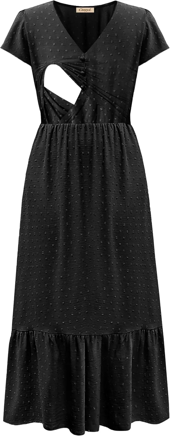 Women Nursing Boho Maxi Dresses Cap Short Sleeve V Neck Swiss Dot High Waisted A-Line Ruffle Tiered with Pockets