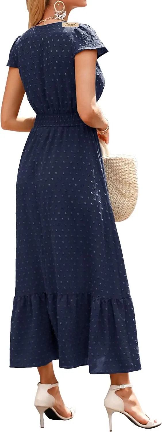 Women Nursing Boho Maxi Dresses Cap Short Sleeve V Neck Swiss Dot High Waisted A-Line Ruffle Tiered with Pockets