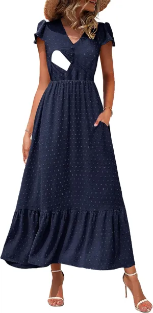 Women Nursing Boho Maxi Dresses Cap Short Sleeve V Neck Swiss Dot High Waisted A-Line Ruffle Tiered with Pockets
