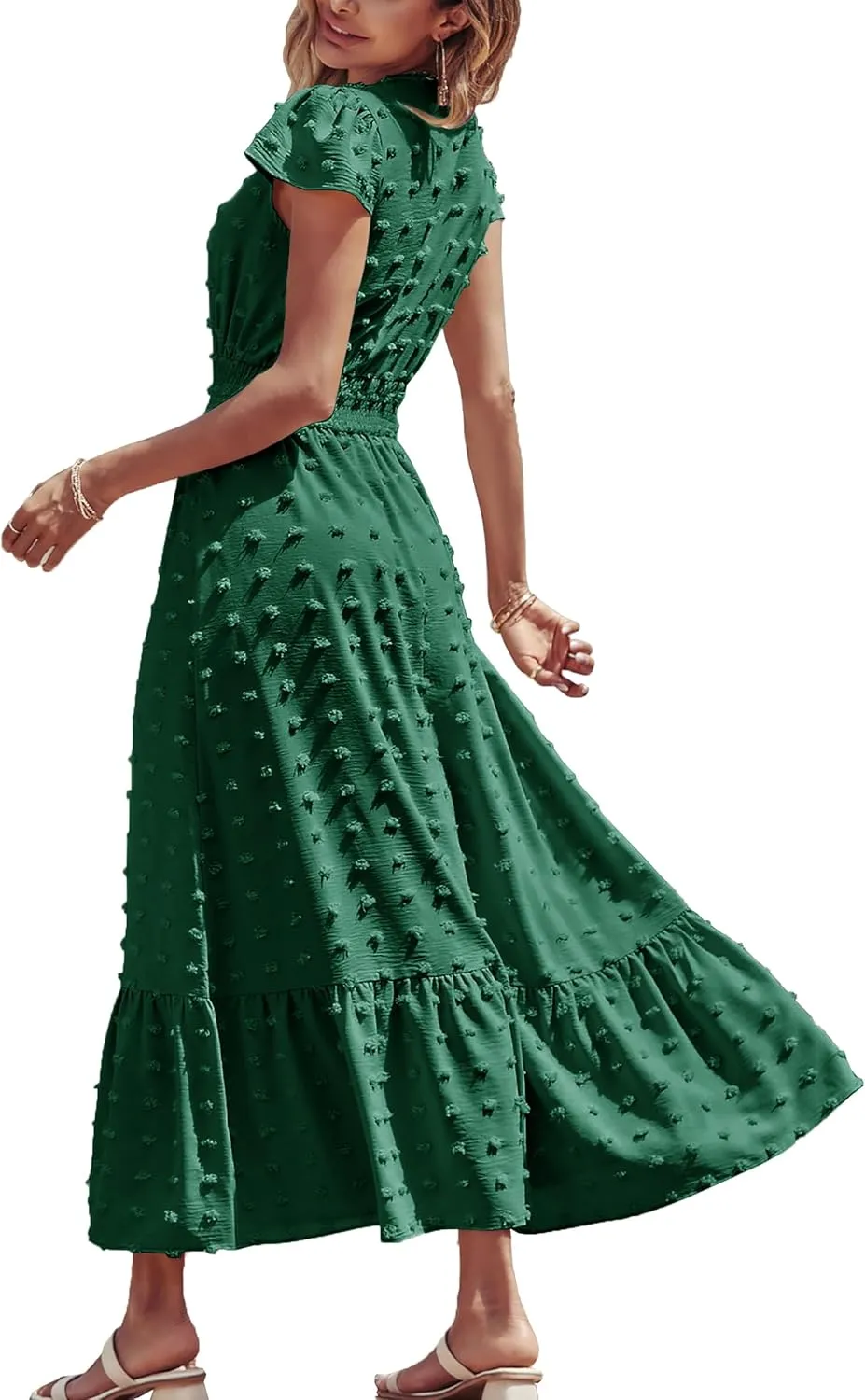 Women Nursing Boho Maxi Dresses Cap Short Sleeve V Neck Swiss Dot High Waisted A-Line Ruffle Tiered with Pockets