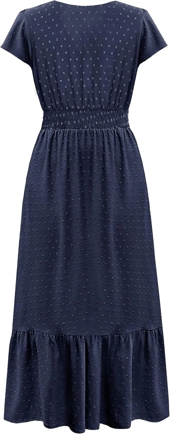 Women Nursing Boho Maxi Dresses Cap Short Sleeve V Neck Swiss Dot High Waisted A-Line Ruffle Tiered with Pockets
