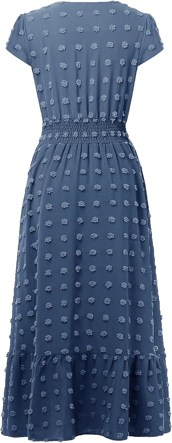Women Nursing Boho Maxi Dresses Cap Short Sleeve V Neck Swiss Dot High Waisted A-Line Ruffle Tiered with Pockets