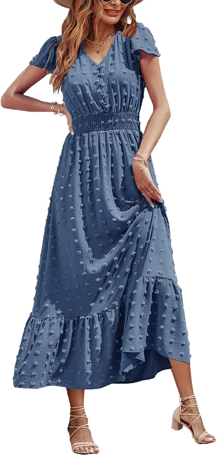 Women Nursing Boho Maxi Dresses Cap Short Sleeve V Neck Swiss Dot High Waisted A-Line Ruffle Tiered with Pockets
