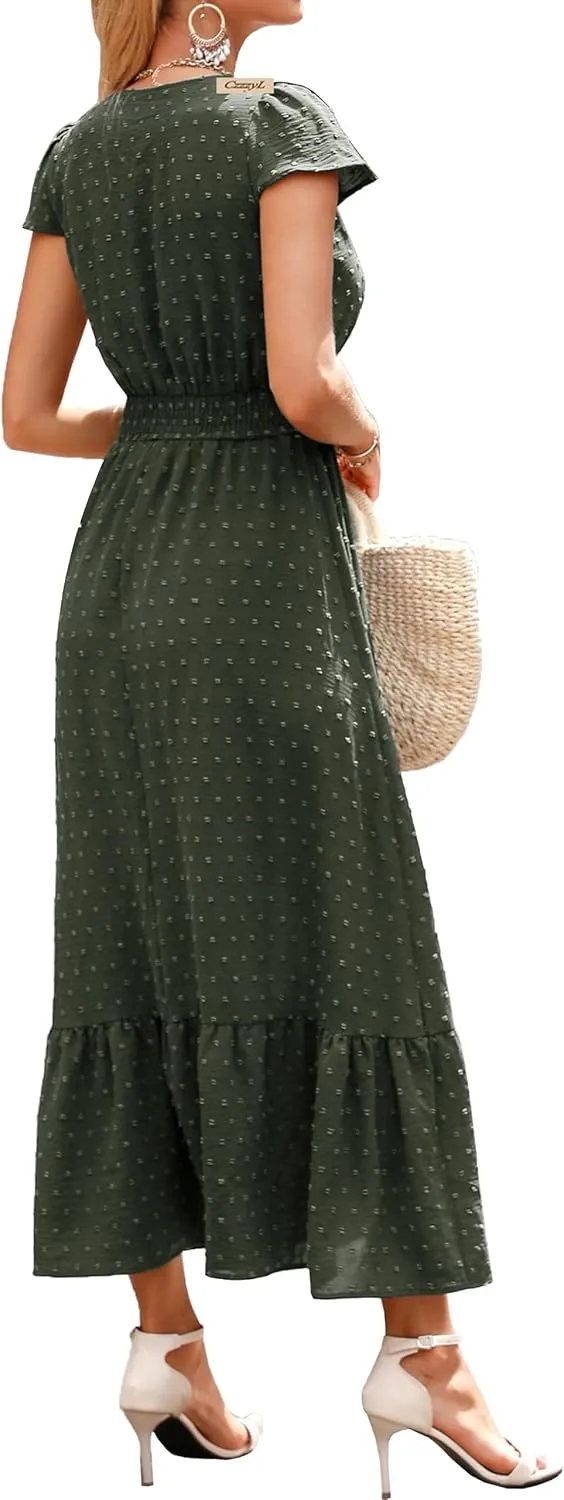 Women Nursing Boho Maxi Dresses Cap Short Sleeve V Neck Swiss Dot High Waisted A-Line Ruffle Tiered with Pockets