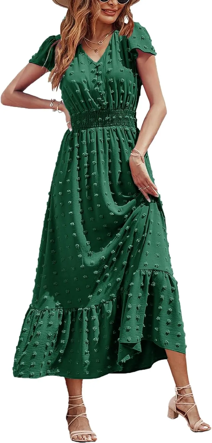 Women Nursing Boho Maxi Dresses Cap Short Sleeve V Neck Swiss Dot High Waisted A-Line Ruffle Tiered with Pockets
