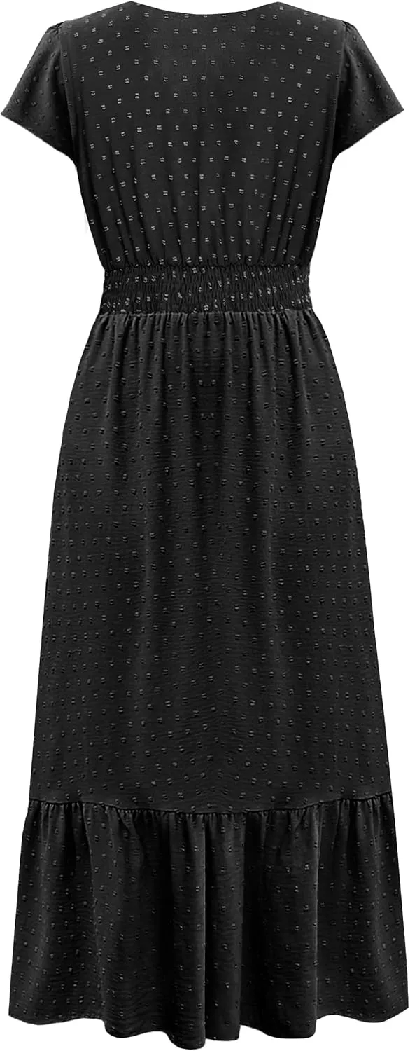 Women Nursing Boho Maxi Dresses Cap Short Sleeve V Neck Swiss Dot High Waisted A-Line Ruffle Tiered with Pockets