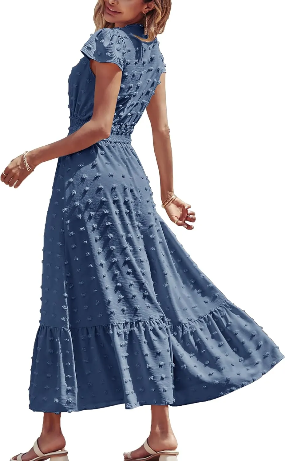 Women Nursing Boho Maxi Dresses Cap Short Sleeve V Neck Swiss Dot High Waisted A-Line Ruffle Tiered with Pockets