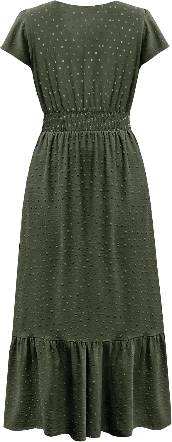Women Nursing Boho Maxi Dresses Cap Short Sleeve V Neck Swiss Dot High Waisted A-Line Ruffle Tiered with Pockets