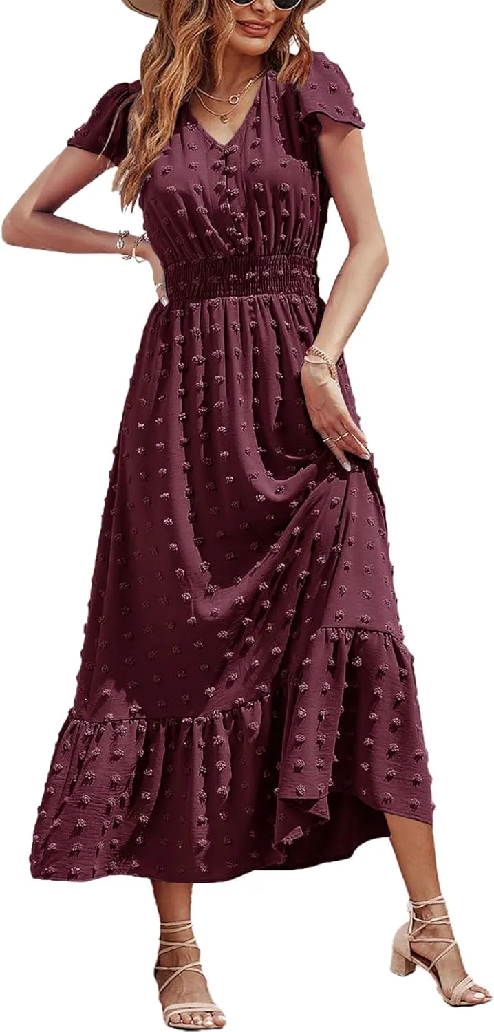 Women Nursing Boho Maxi Dresses Cap Short Sleeve V Neck Swiss Dot High Waisted A-Line Ruffle Tiered with Pockets