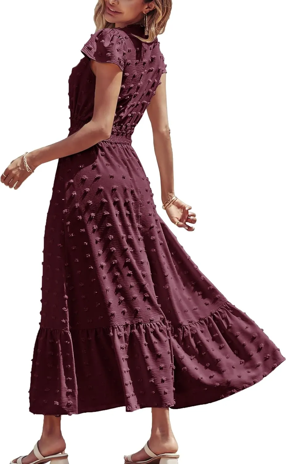 Women Nursing Boho Maxi Dresses Cap Short Sleeve V Neck Swiss Dot High Waisted A-Line Ruffle Tiered with Pockets