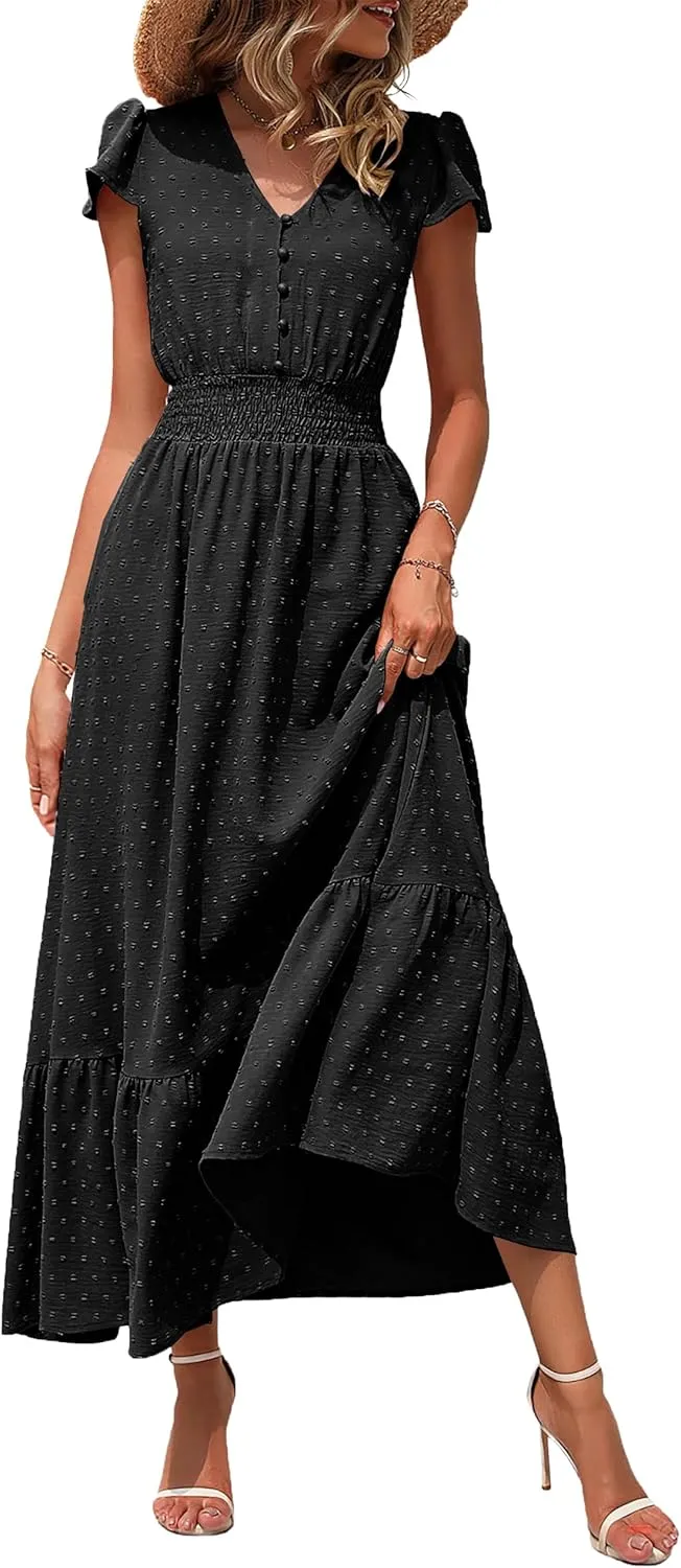 Women Nursing Boho Maxi Dresses Cap Short Sleeve V Neck Swiss Dot High Waisted A-Line Ruffle Tiered with Pockets