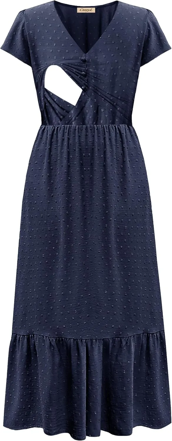Women Nursing Boho Maxi Dresses Cap Short Sleeve V Neck Swiss Dot High Waisted A-Line Ruffle Tiered with Pockets