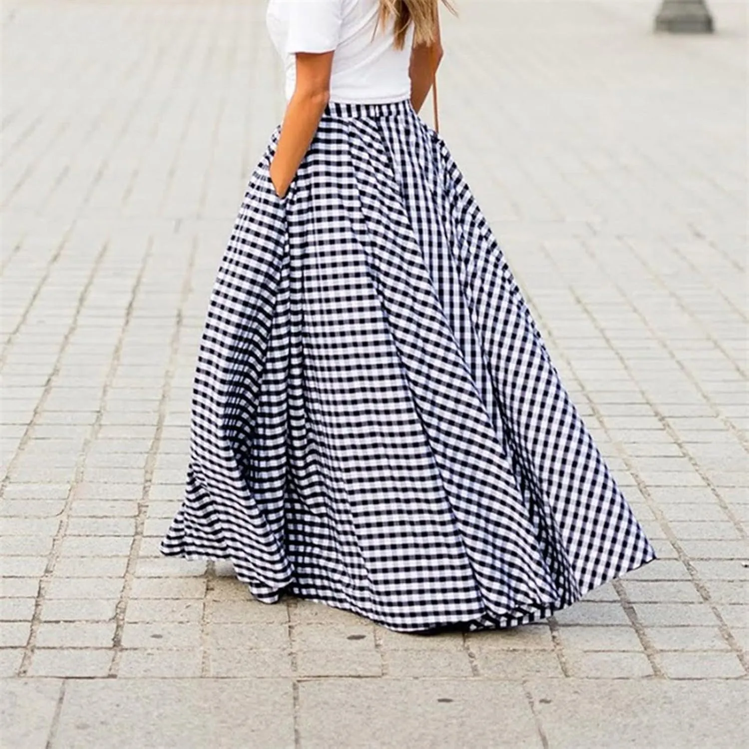 Women Plaid Maxi Skirts Plus Size Midi Skirts Flowy Beach Skirt Gingham Skirt Long Summer Skirts A Line Skirts Pocket