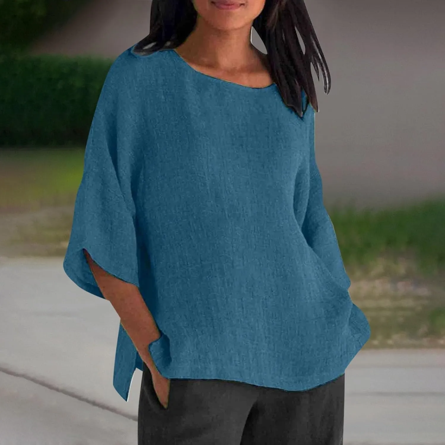 Women Short Sleeve Linen Shirts Casual Round Neck Plus Size T Shirt Bohemian Boho Loose Fit Summer Tshirts