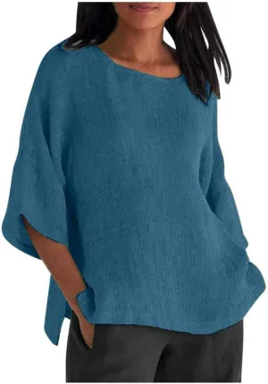 Women Short Sleeve Linen Shirts Casual Round Neck Plus Size T Shirt Bohemian Boho Loose Fit Summer Tshirts