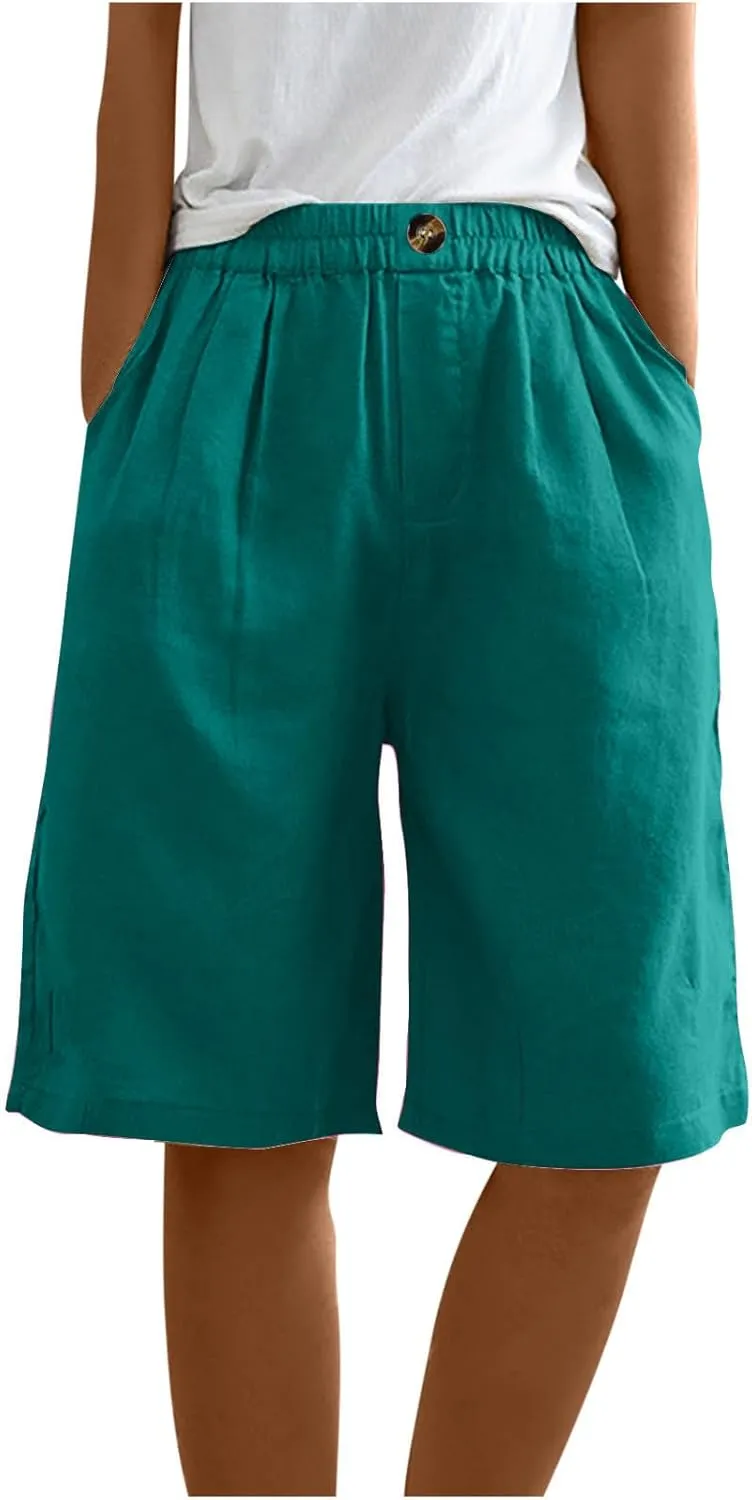 Women Summer Beach Shorts Cotton Linen Dressy Casual Shorts High Waisted Comfy Bermuda Trendy Vacation Cruise Outfits