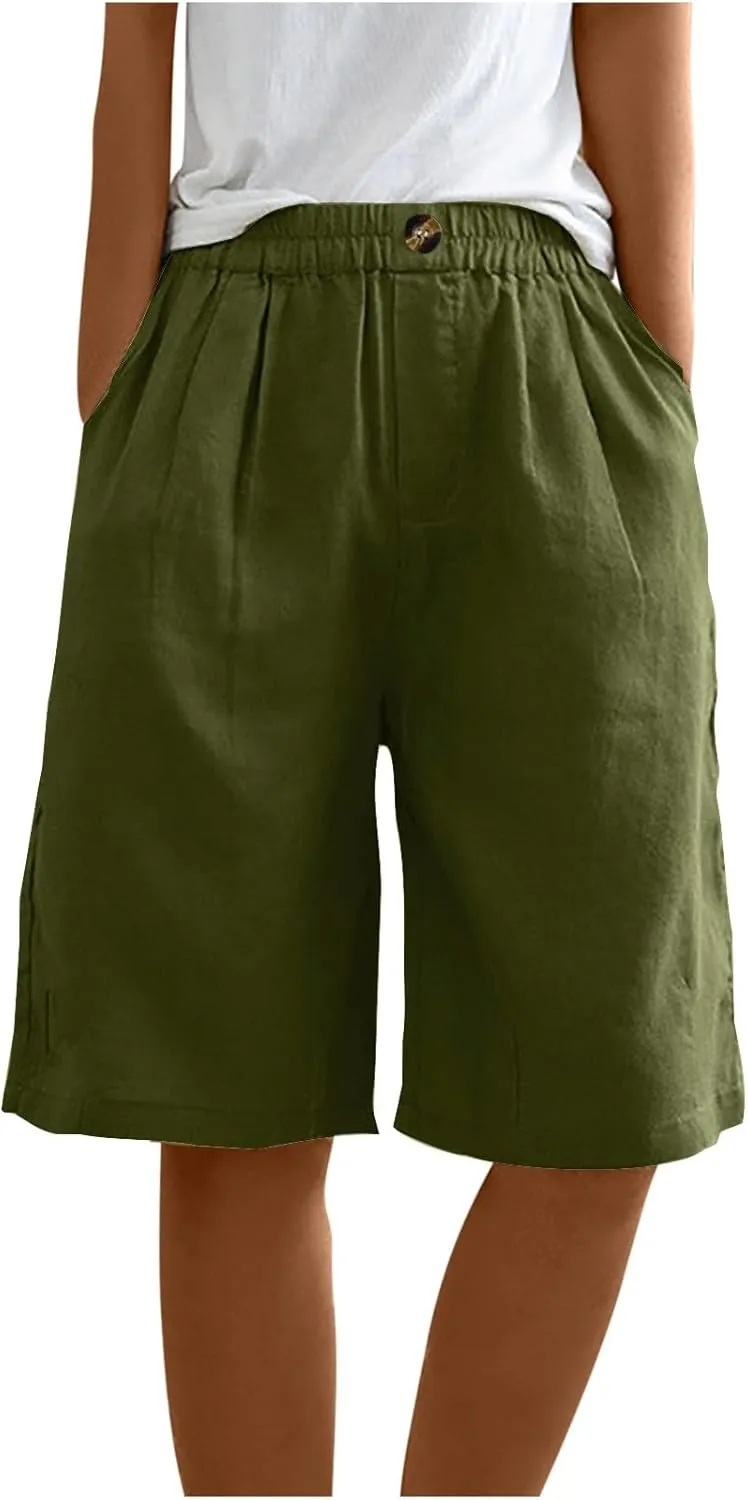 Women Summer Beach Shorts Cotton Linen Dressy Casual Shorts High Waisted Comfy Bermuda Trendy Vacation Cruise Outfits