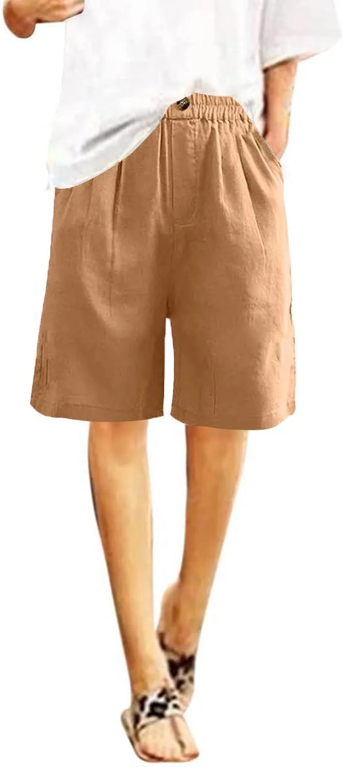 Women Summer Beach Shorts Cotton Linen Dressy Casual Shorts High Waisted Comfy Bermuda Trendy Vacation Cruise Outfits