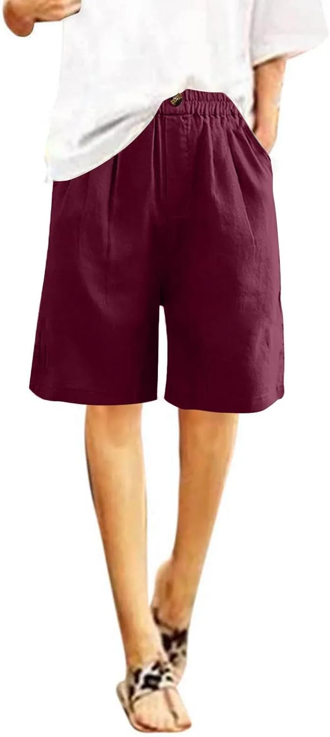 Women Summer Beach Shorts Cotton Linen Dressy Casual Shorts High Waisted Comfy Bermuda Trendy Vacation Cruise Outfits