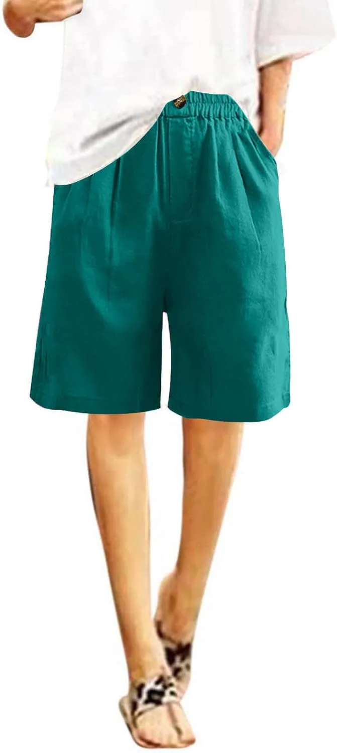 Women Summer Beach Shorts Cotton Linen Dressy Casual Shorts High Waisted Comfy Bermuda Trendy Vacation Cruise Outfits