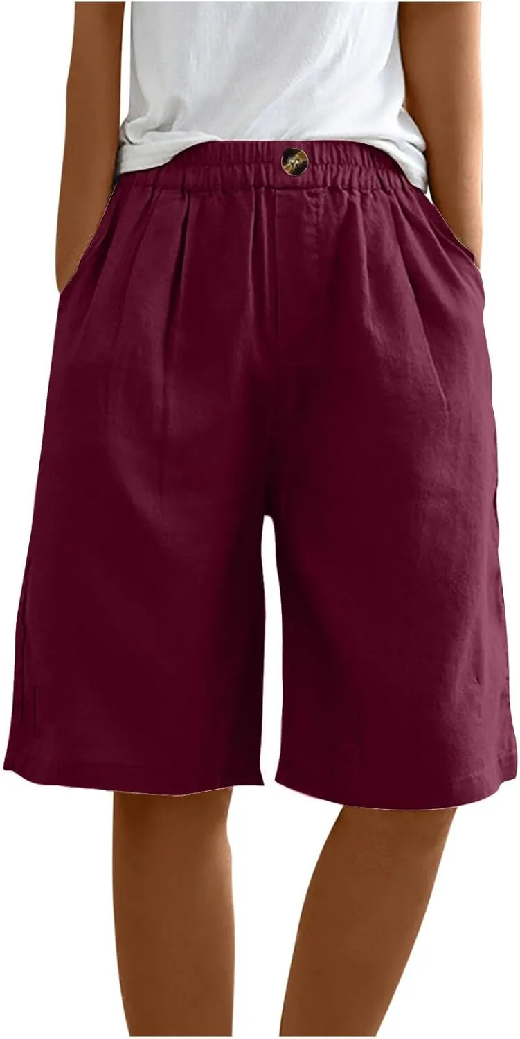 Women Summer Beach Shorts Cotton Linen Dressy Casual Shorts High Waisted Comfy Bermuda Trendy Vacation Cruise Outfits