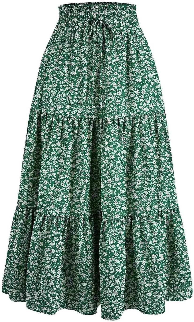 Women Summer Boho Flowy Midi Skirt, Fashion High Waist Drawstring A-line Skirts Floral Print Ruffle Ruched Casual Clothes